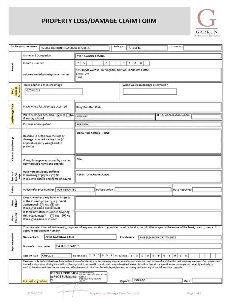 insurance claim form for property damage