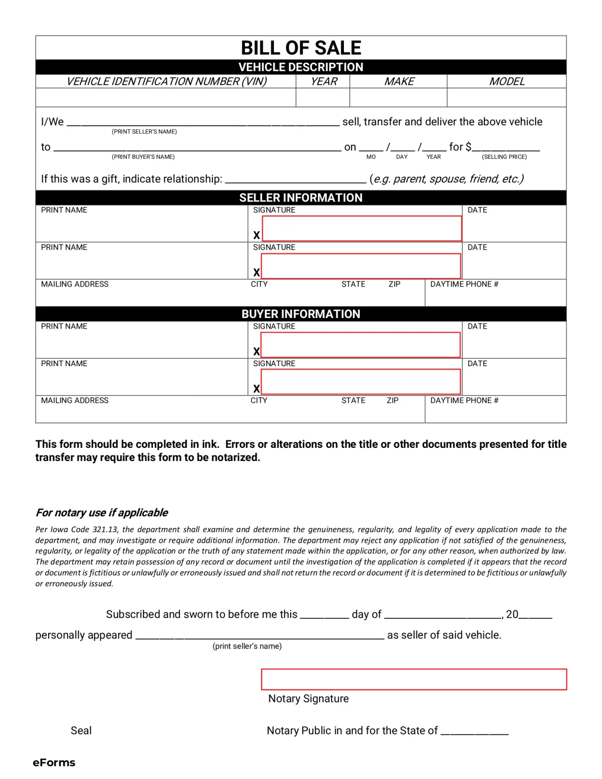 Iowa bill of sale for car purchase