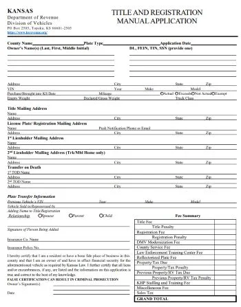 Kansas car registration form with fee details