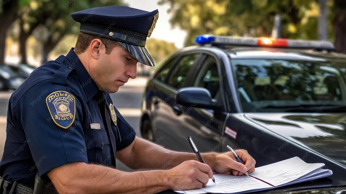Kansas Highway Patrol officer issuing traffic ticket
