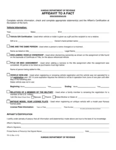 Kansas TR-12 Affidavit of Motor Vehicle Gift form