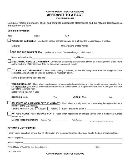 Kansas TR-12 Affidavit of Motor Vehicle Gift form