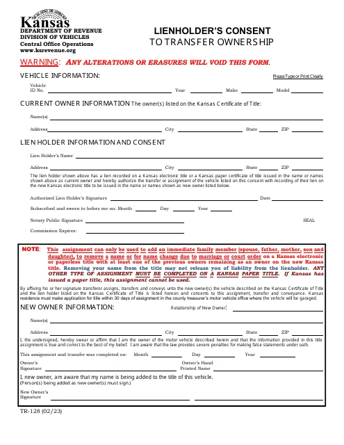 Kansas TR-128 VIN inspection form