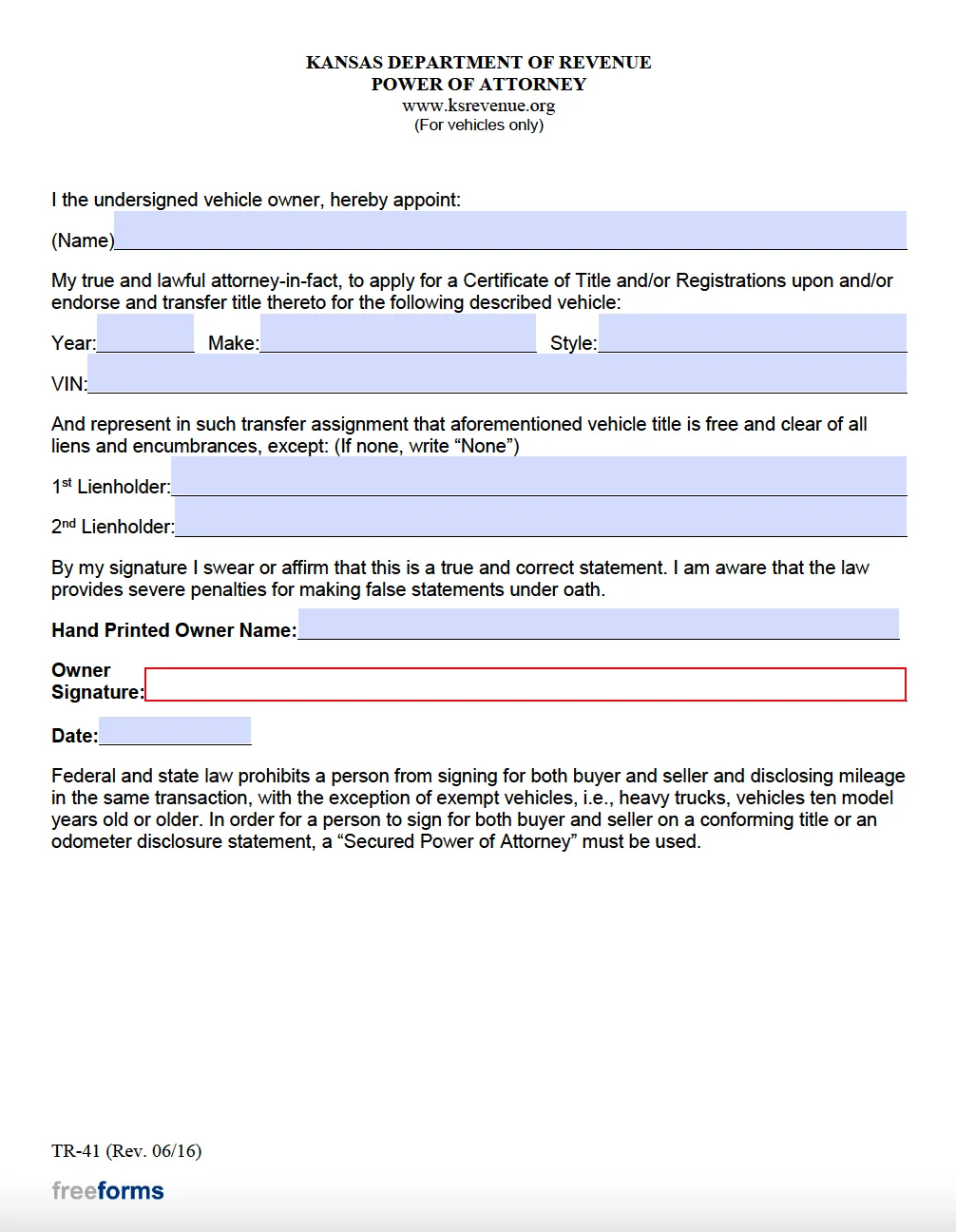 Kansas TR-41 power of attorney form for vehicle transactions