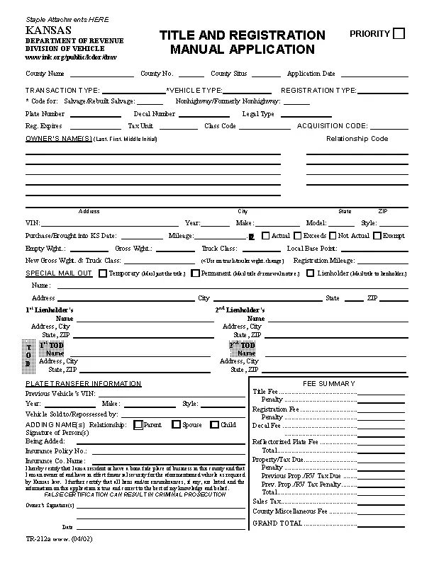Kansas vehicle title and registration application form