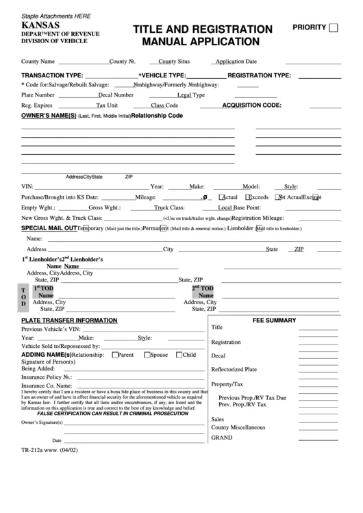 Kansas vehicle title application form