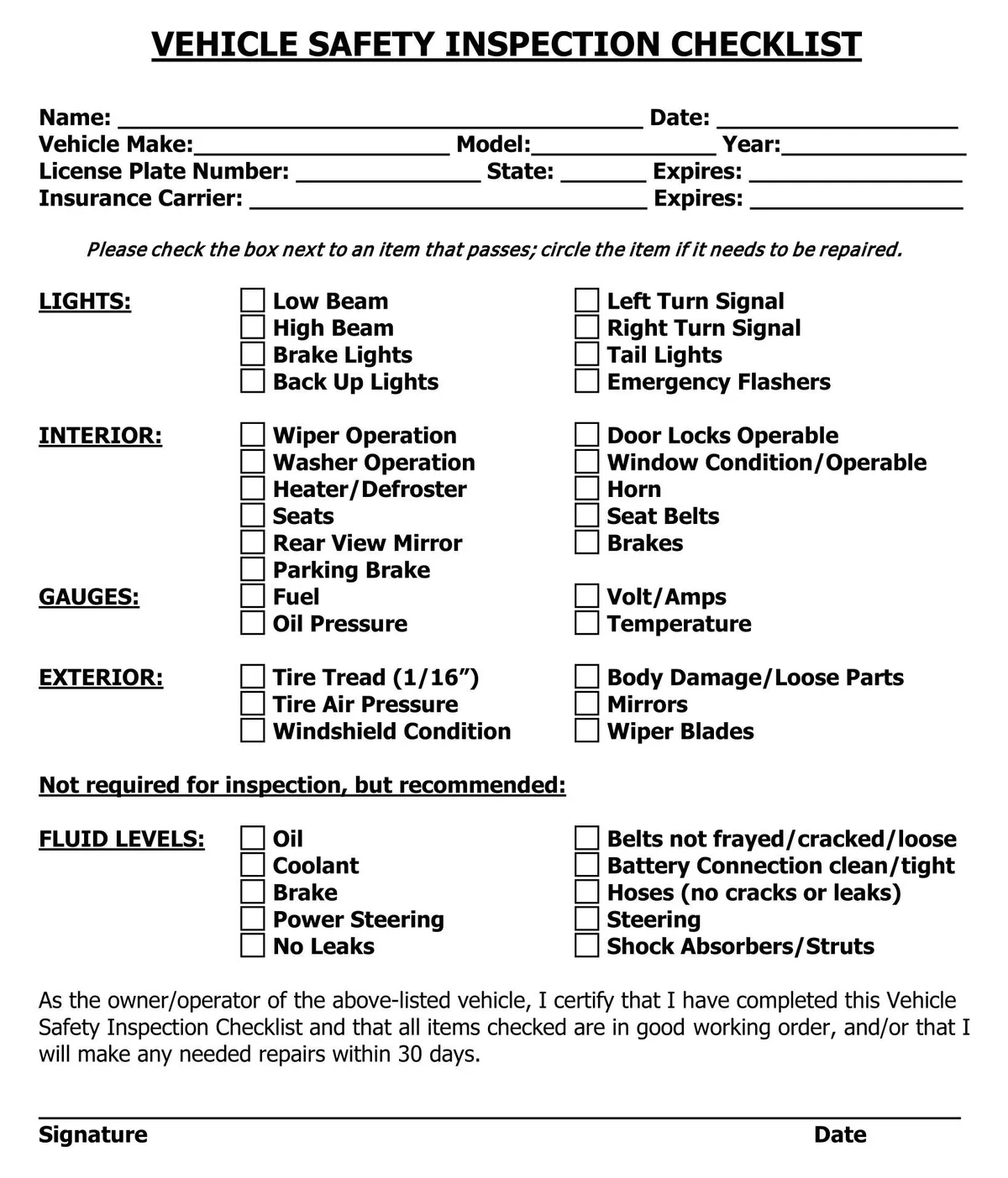 Kentucky rebuilt vehicle inspection checklist