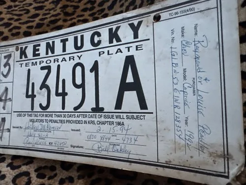 Kentucky temporary tag example