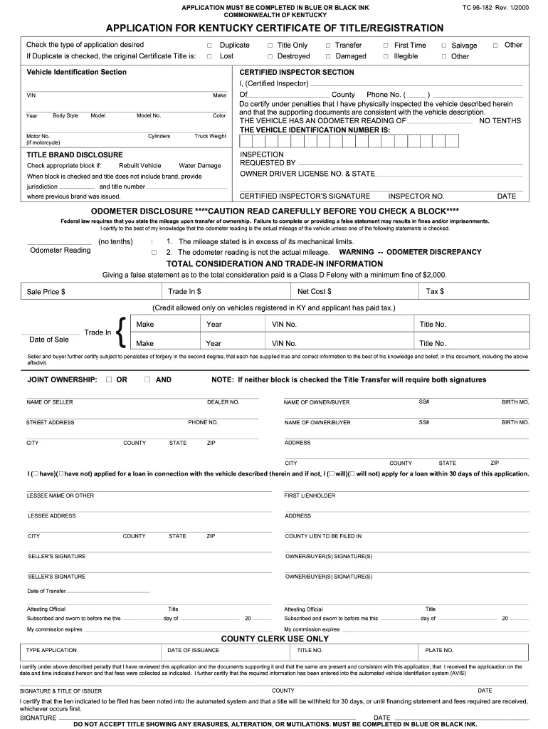 Kentucky title application form TC 96-182