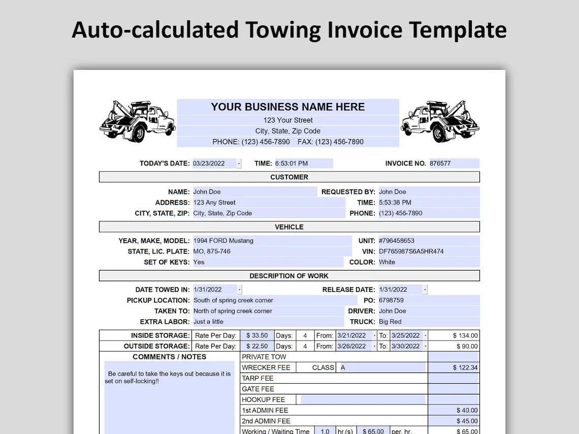 Kentucky towing fee receipt