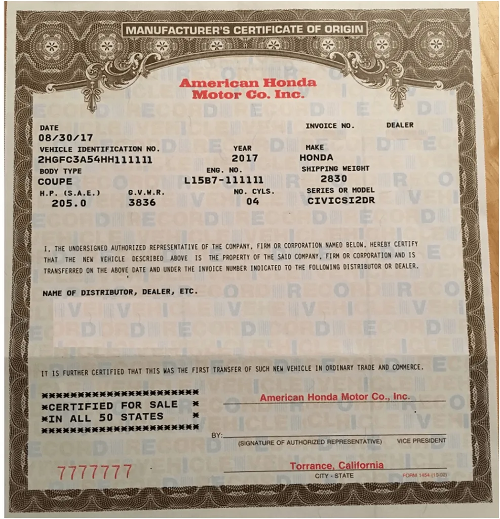 Manufacturer Certificate of Origin (COO) for moped