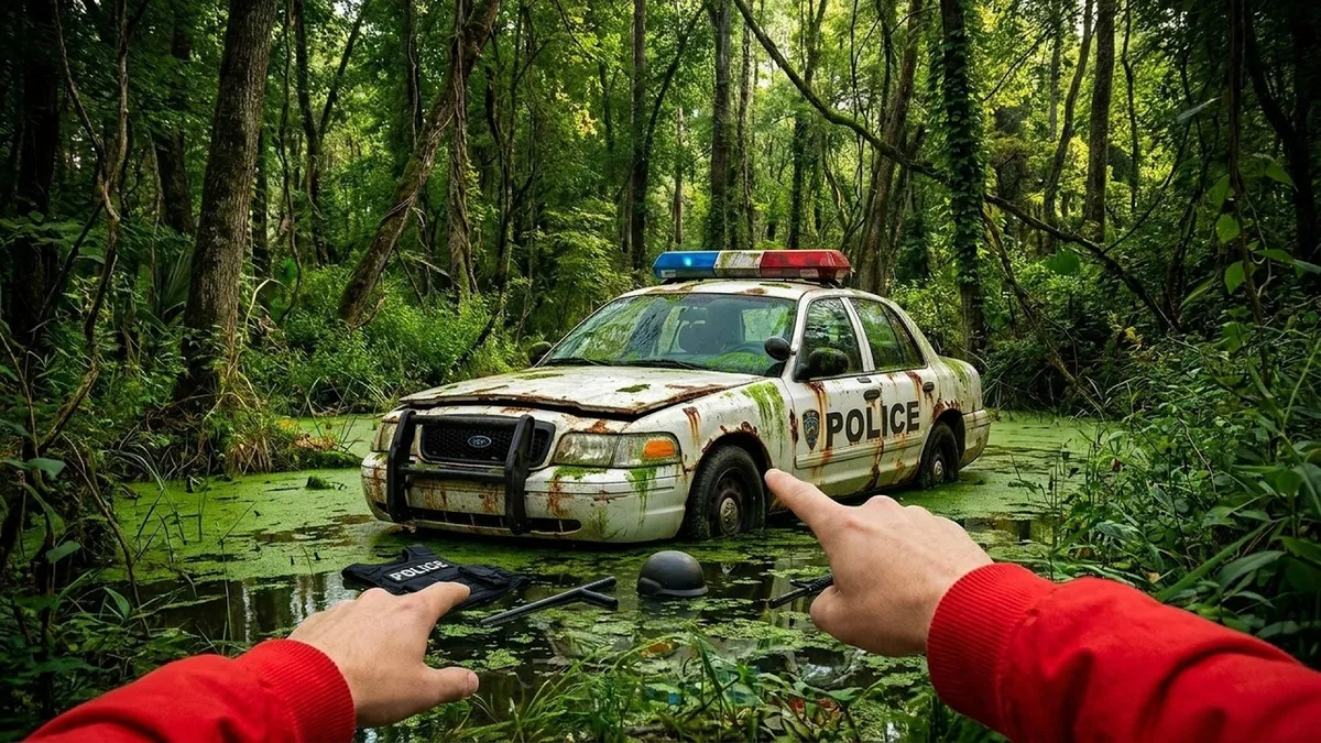 Maryland police officer inspecting abandoned vehicle