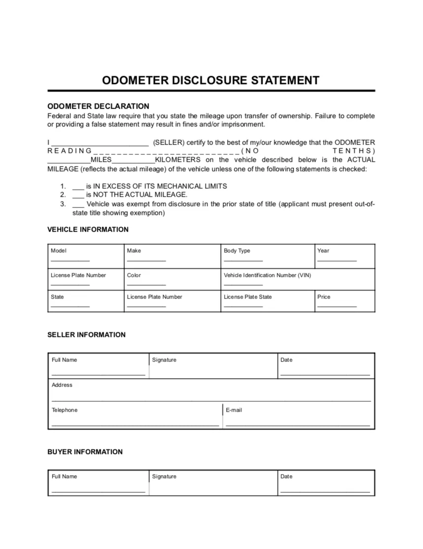 Odometer disclosure statement example