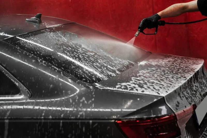 person rinsing car with hose after salt stain removal