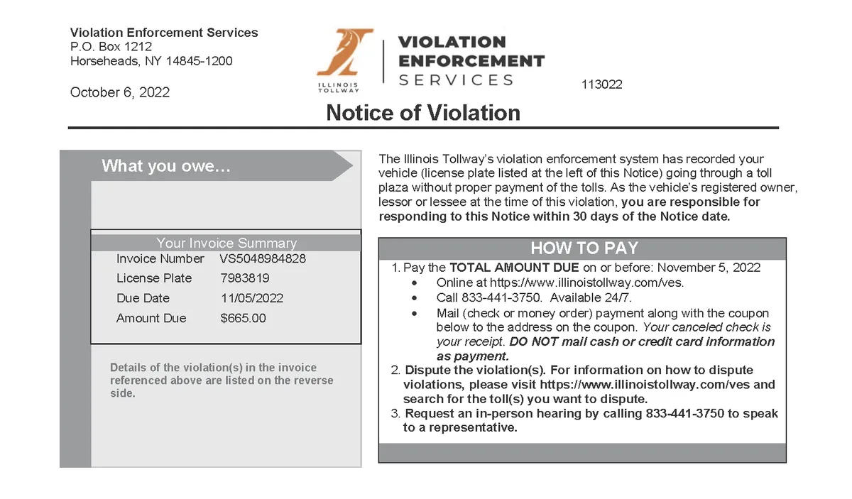 Sample Illinois Tollway violation invoice