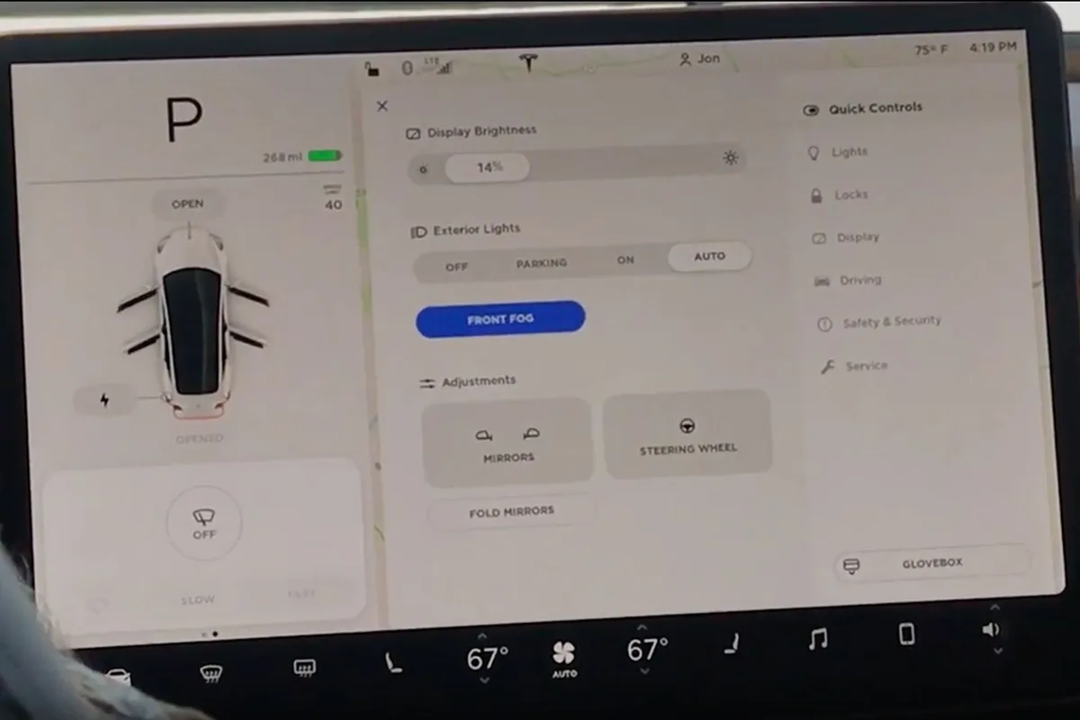 Tesla touchscreen controls menu