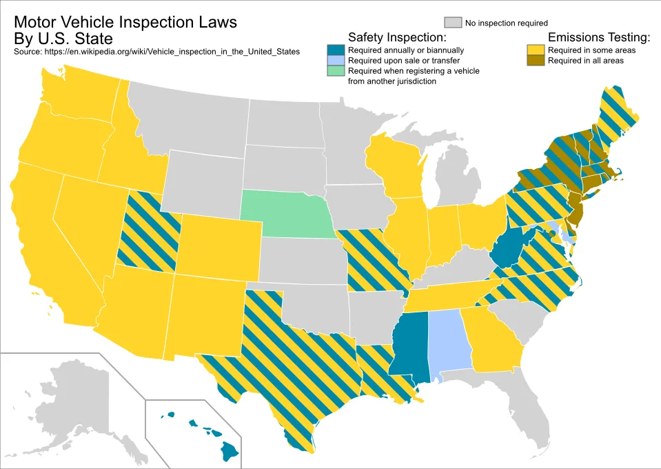 US states vehicle inspection requirements map